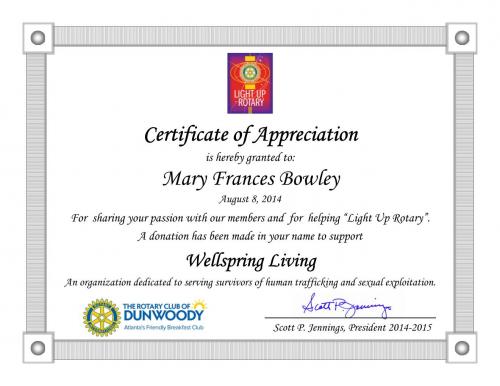 080814 - Certificate - Mary Frances Bowley - Wellspring Living.jpg